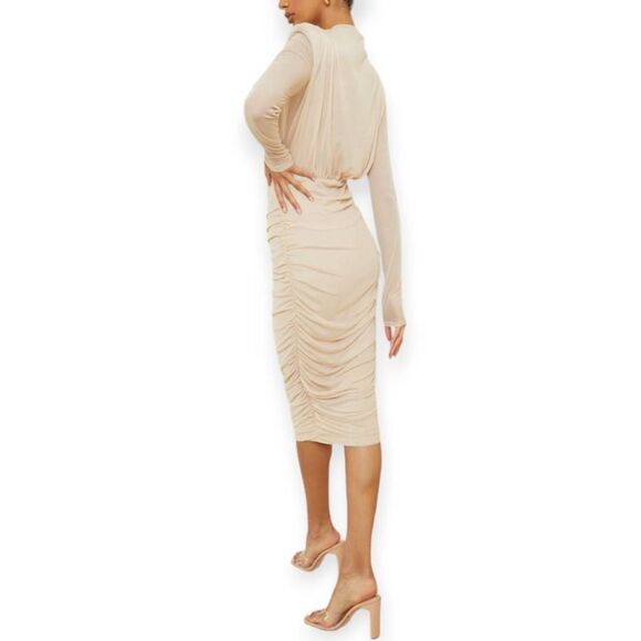 PRETTYLITTLETHING Nude Mesh High Neck Long Sleeve Ruched Skirt Midi Dress SZ 2 E - Picture 2 of 8